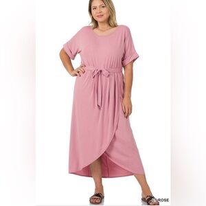 “I Choose Me” Faux Wrap Belted Knit Dress in Light Rose